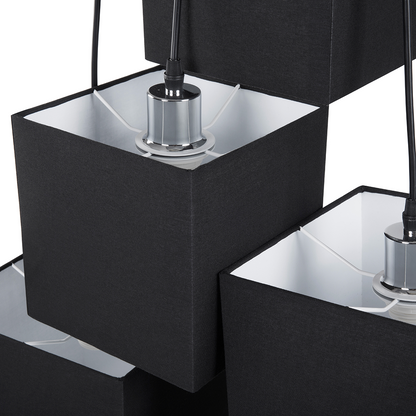 5-Light Cluster Pendant In Black With Square Fabric Shades Adjustable Height