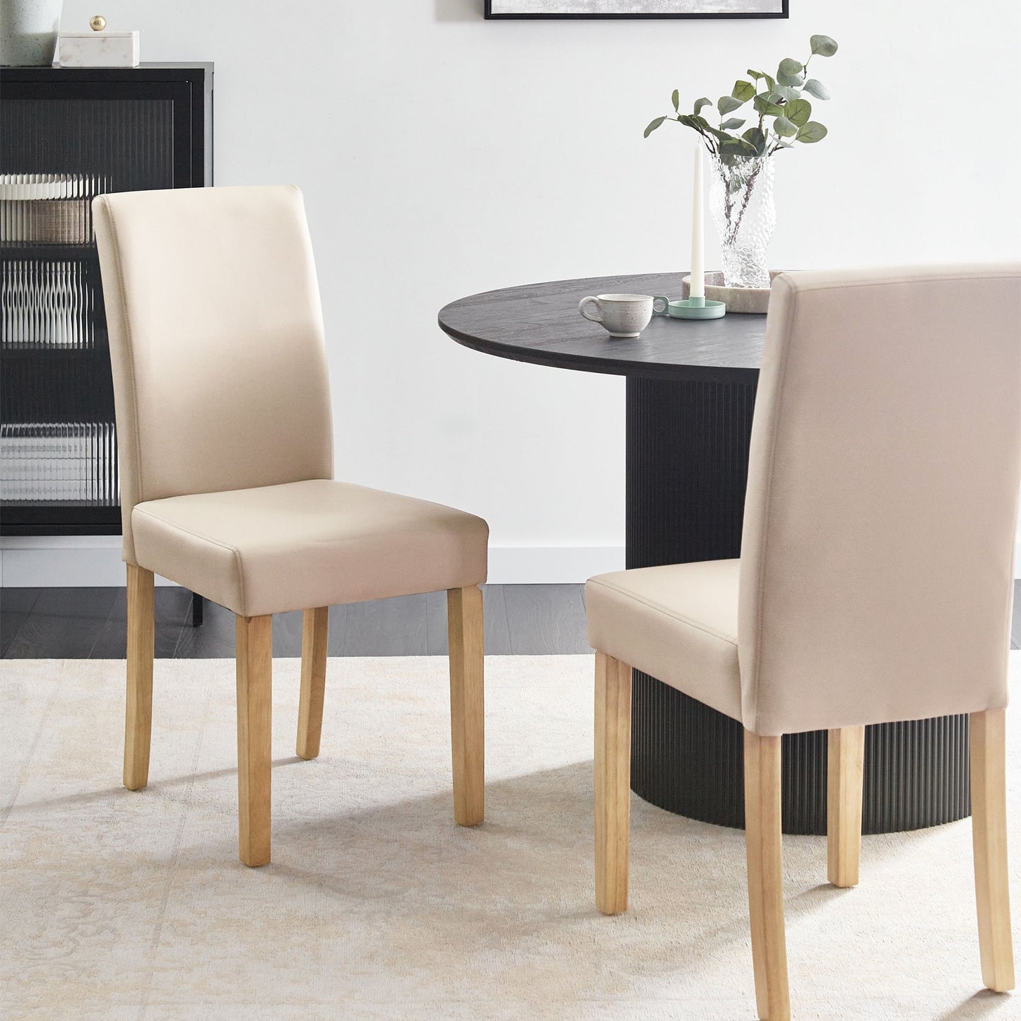 Set Of 2 Beige Faux Leather Dining Chairs With Wooden Legs