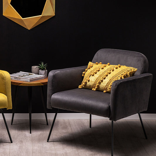 Armchair Grey Velvet Slender Black Metal Legs Retro