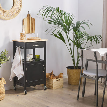 Essentials Kitchen Trolley Black Light Wood Top Drawer 60 x 48 x 91cm