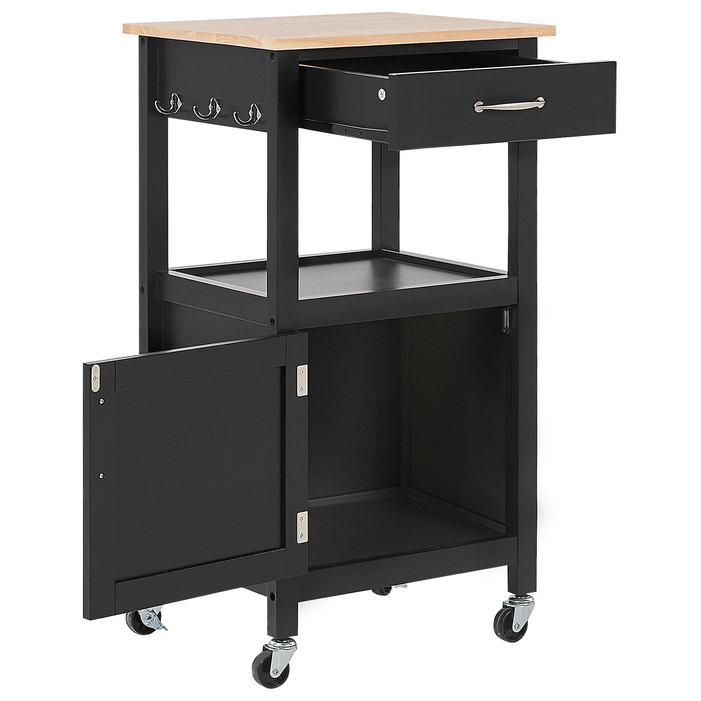 Essentials Kitchen Trolley Black Light Wood Top Drawer 60 x 48 x 91cm