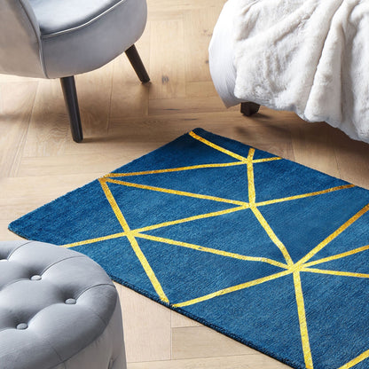 Modern Glam Blue Area Rug Handloomed With Gold Geometric Pattern Viscose Cotton 80 X 150cm