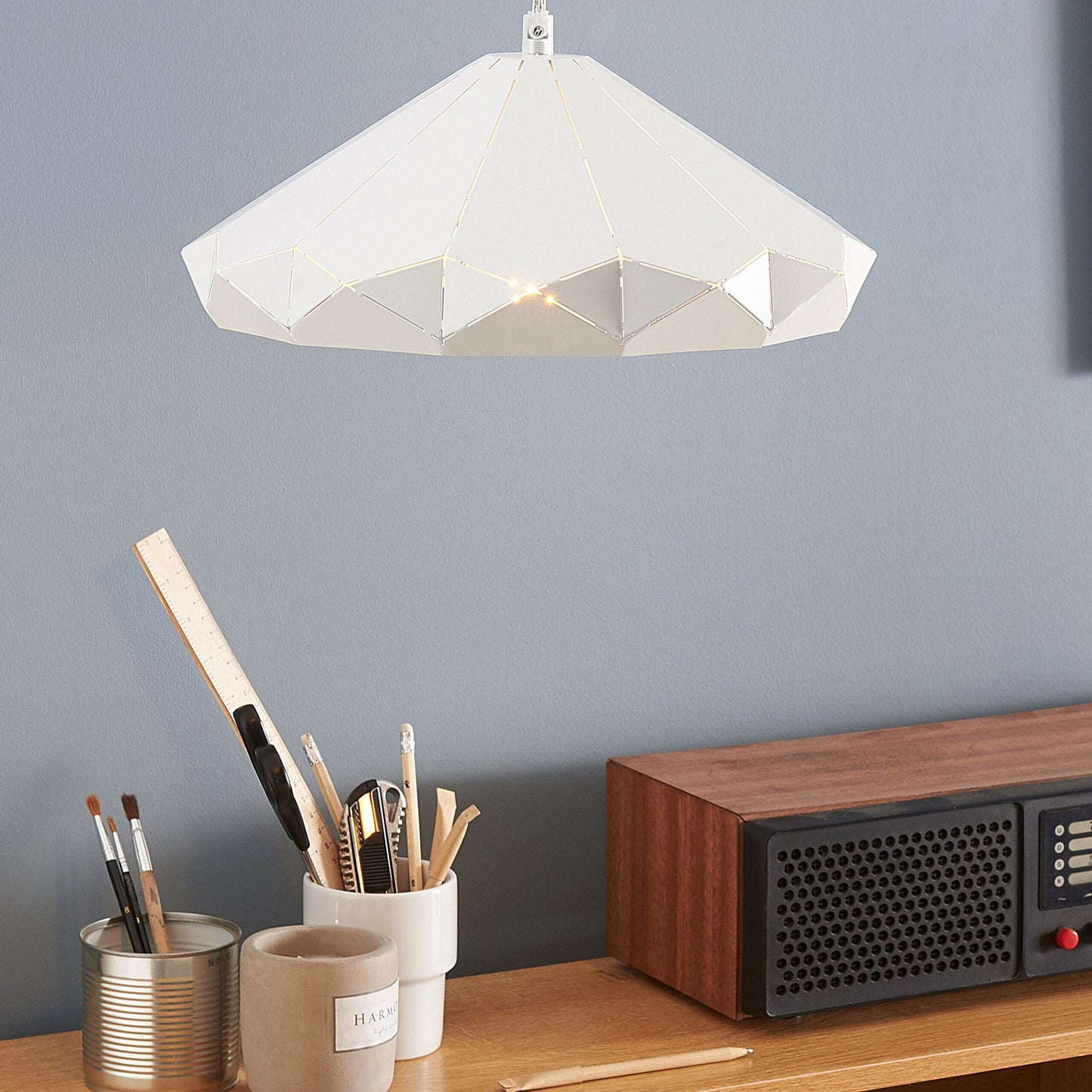 Ceiling Lamp White Metal 112cm Pendant Geometric Shade