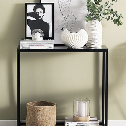 Modern Console Table Black Tempered Glass Top With Open Frame Metal Base 80 x 30cm