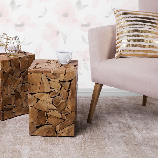 Handcrafted Side Table 30 x 30cm Rustic Light Brown Teak Wood