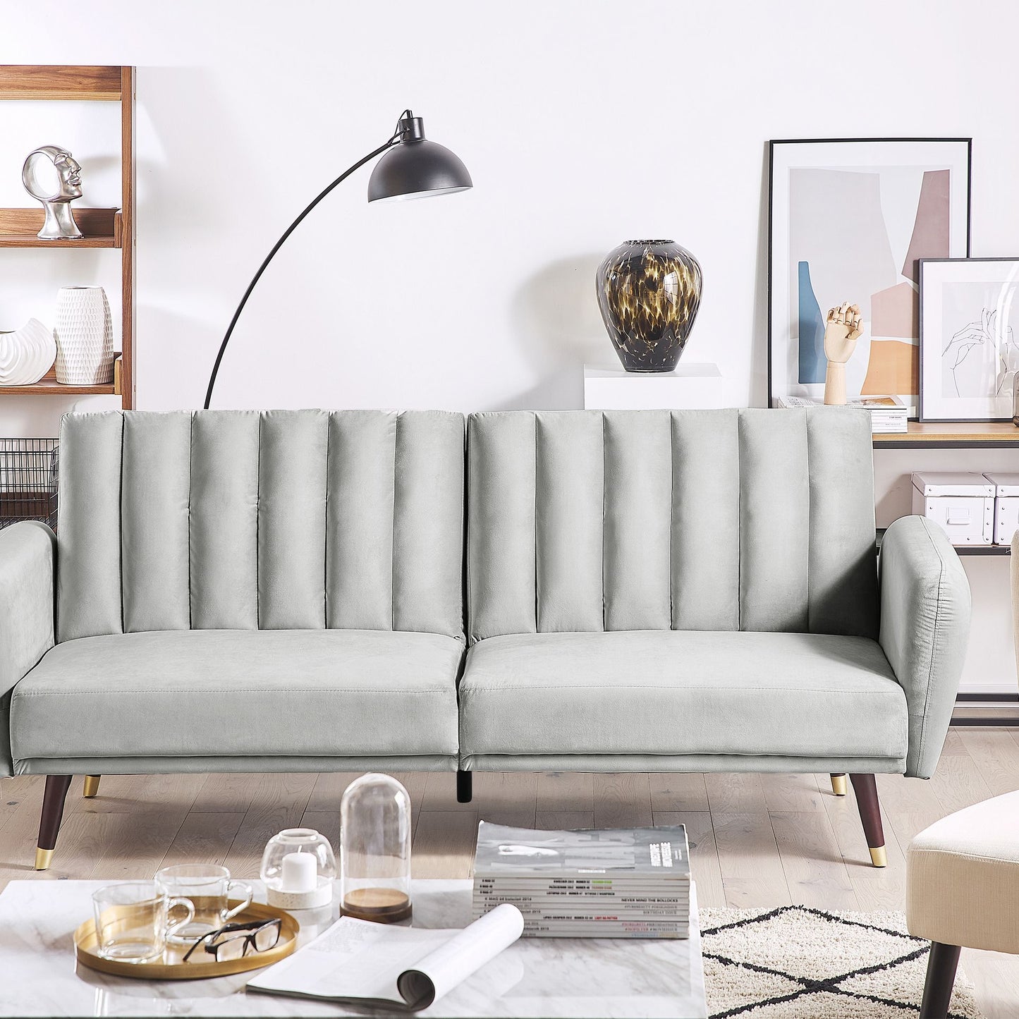 Sofa Bed Light Grey Sleeper Convertible With Velvet Upholstery Elegant Glam Modern