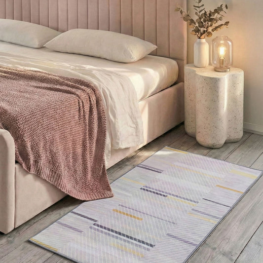 Grey Polyester Rug 80 X 150cm Low Pile Modern Abstract Pattern With Yellow Accents