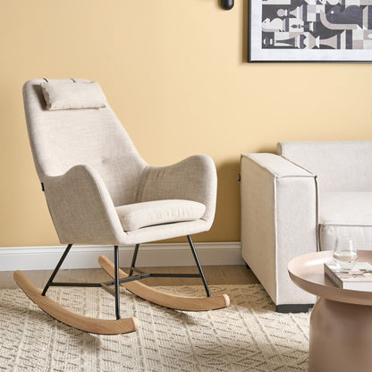 Rocking Chair Beige Fabric With Wooden Rockers Modern