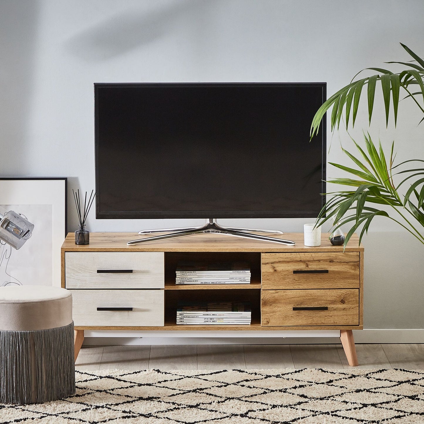 Rustic TV Stand Light Brown White 55in TV With 4 Drawers