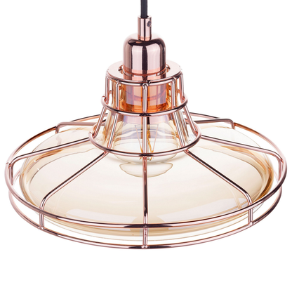 Copper Cage Pendant Lamp Tinted Glass Shade Vintage Style