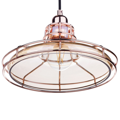 Copper Cage Pendant Lamp Tinted Glass Shade Vintage Style