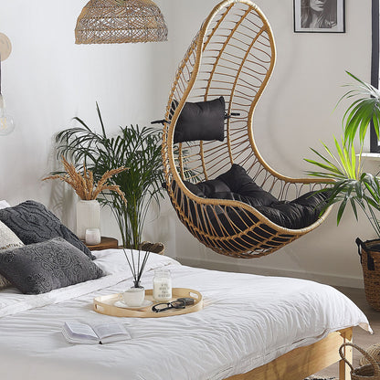 Beige Rattan Hanging Chair Indoor Outdoor Curved No Stand