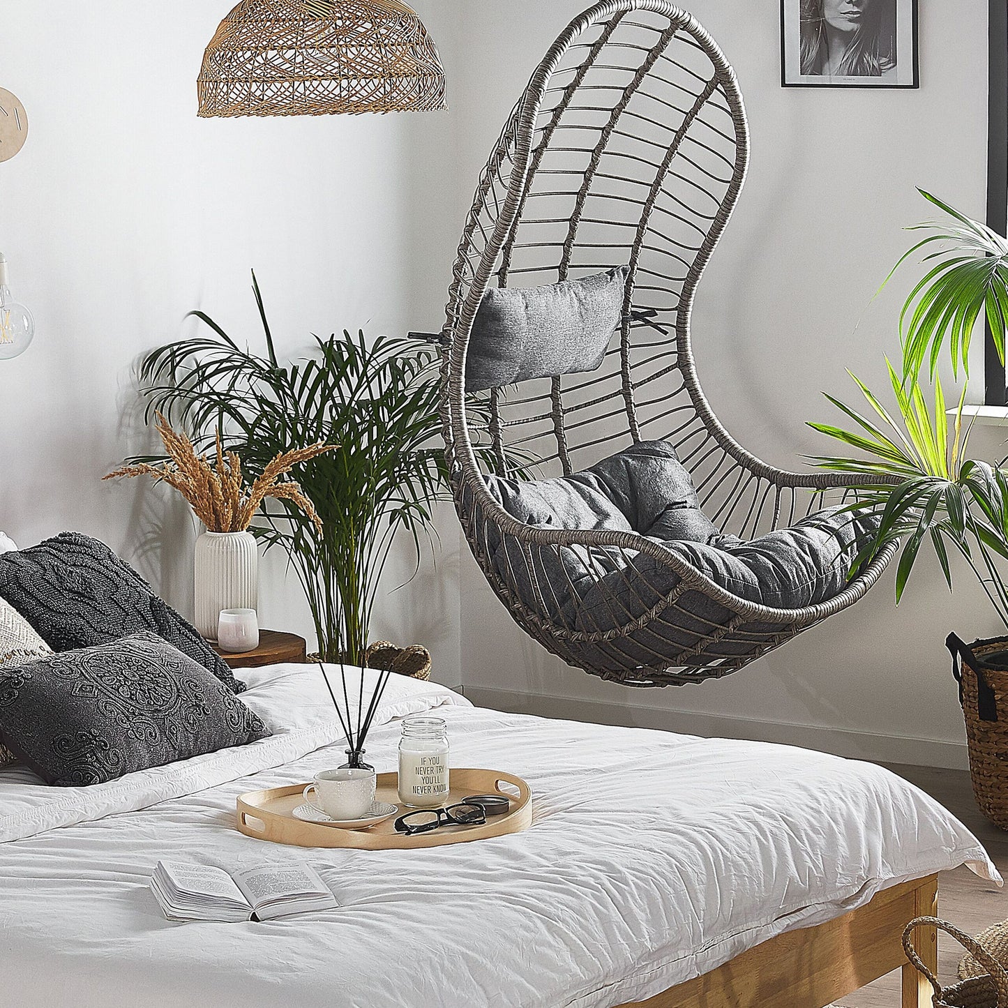 Hanging Chair Grey Rattan Indoor Outdoor Without Stand Two Cushions Curved Design