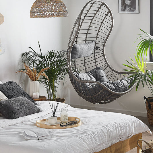 Hanging Chair Grey Rattan Indoor Outdoor Without Stand Two Cushions Curved Design