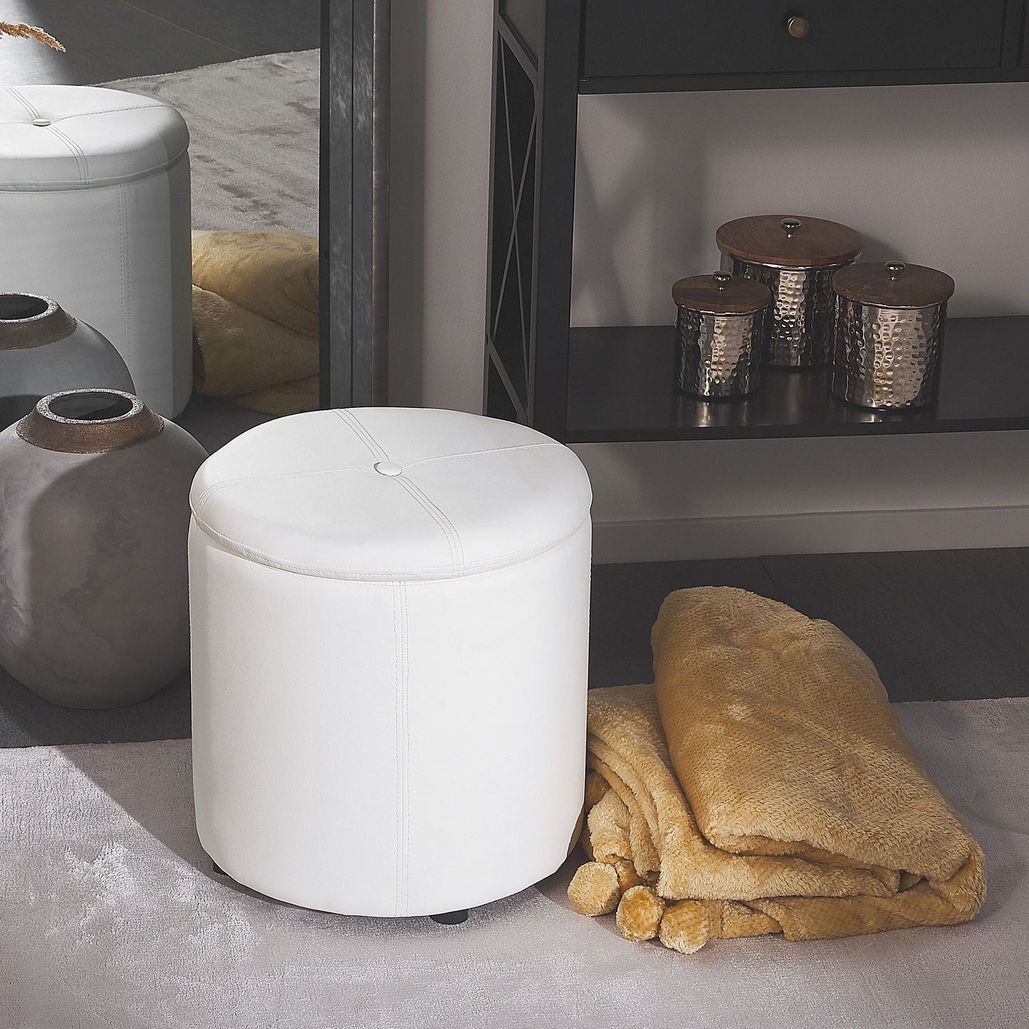 Pouffe White Faux Leather Storage Stool 40 x 38cm With Hidden Storage Compartment
