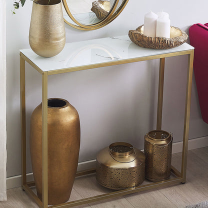 Console Table White Marble Tempered Glass Top Gold Base 80 x 30cm