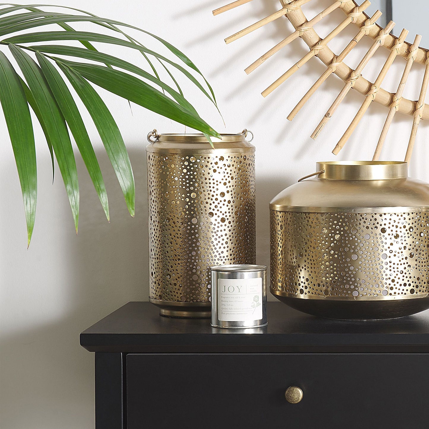 Gold Iron Lantern 25cm Pillar Candle Holder With Holes