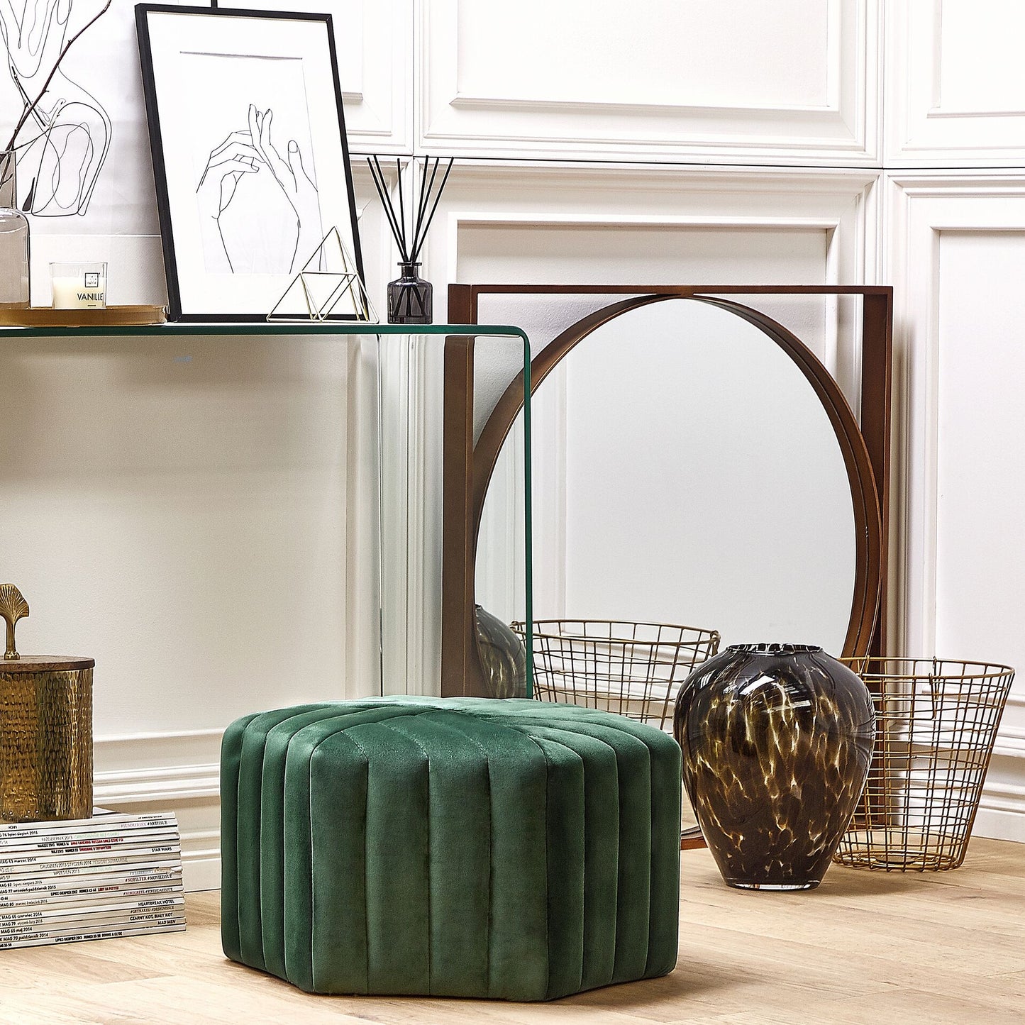 Ottman Glamour Green Velvet Pouffe 53 x 48 x 29cm Hexagonal Footstool