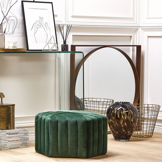 Ottman Glamour Green Velvet Pouffe 53 x 48 x 29cm Hexagonal Footstool