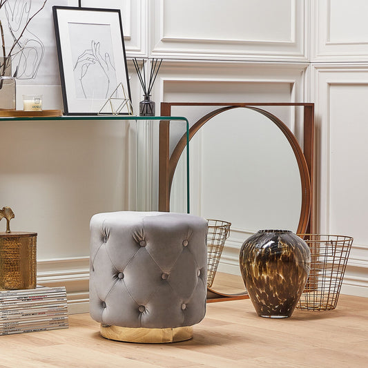 Tufted Pouffe Grey Velvet Footstool Gold Base 40 x 41cm
