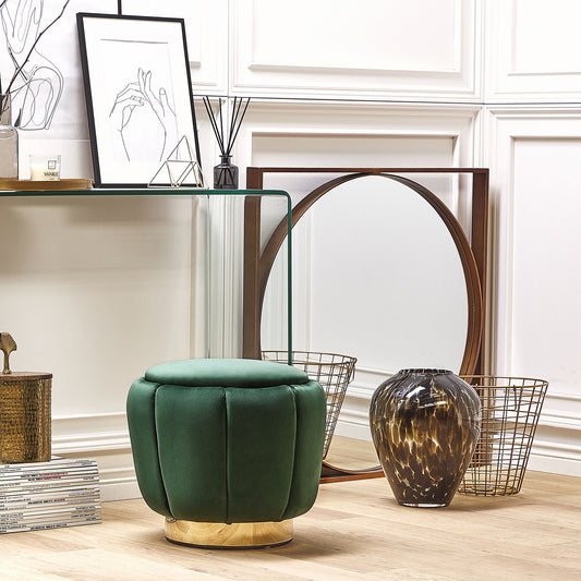 Green Velvet Pouffe With Gold Base 43 x 37cm Footstool For Glamorous Living Rooms