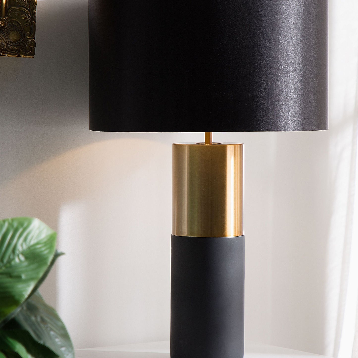 Table Lamp Bedside Grey Round Base Black Fabric Drum Shade