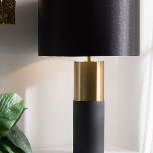 Table Lamp Bedside Grey Round Base Black Fabric Drum Shade