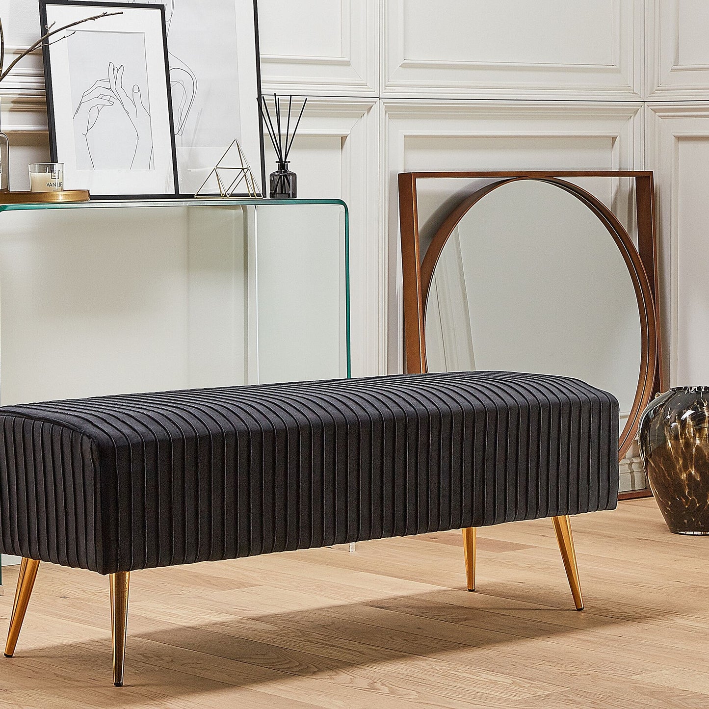 Velvet Bench 118 X 40cm Black Upholstered With Gold Metal Legs For Living Room And Hallway