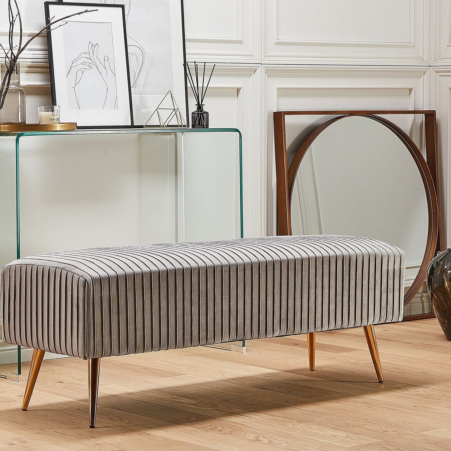 Grey Velvet Upholstered Bench With Gold Metal Legs 118 x 40cm