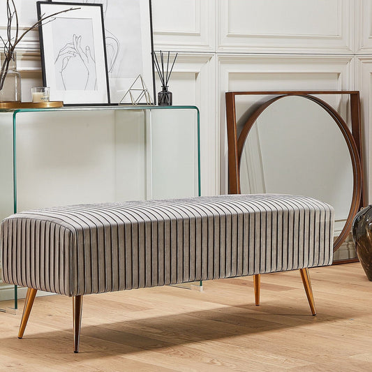 Grey Velvet Upholstered Bench With Gold Metal Legs 118 x 40cm
