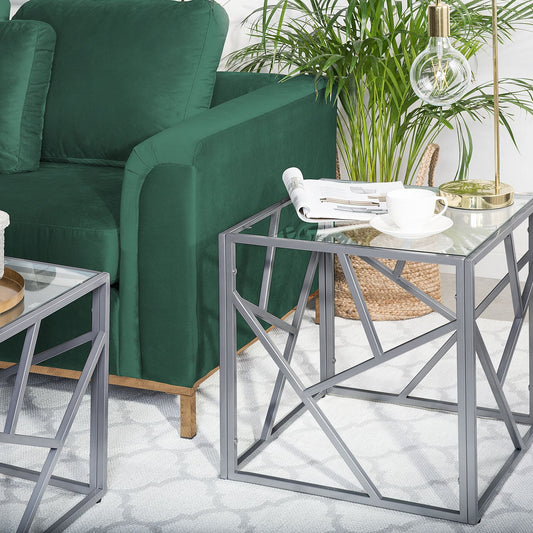 Modern Side Table With Transparent Glass Top And Silver Metal Cube Frame 50 x 50cm
