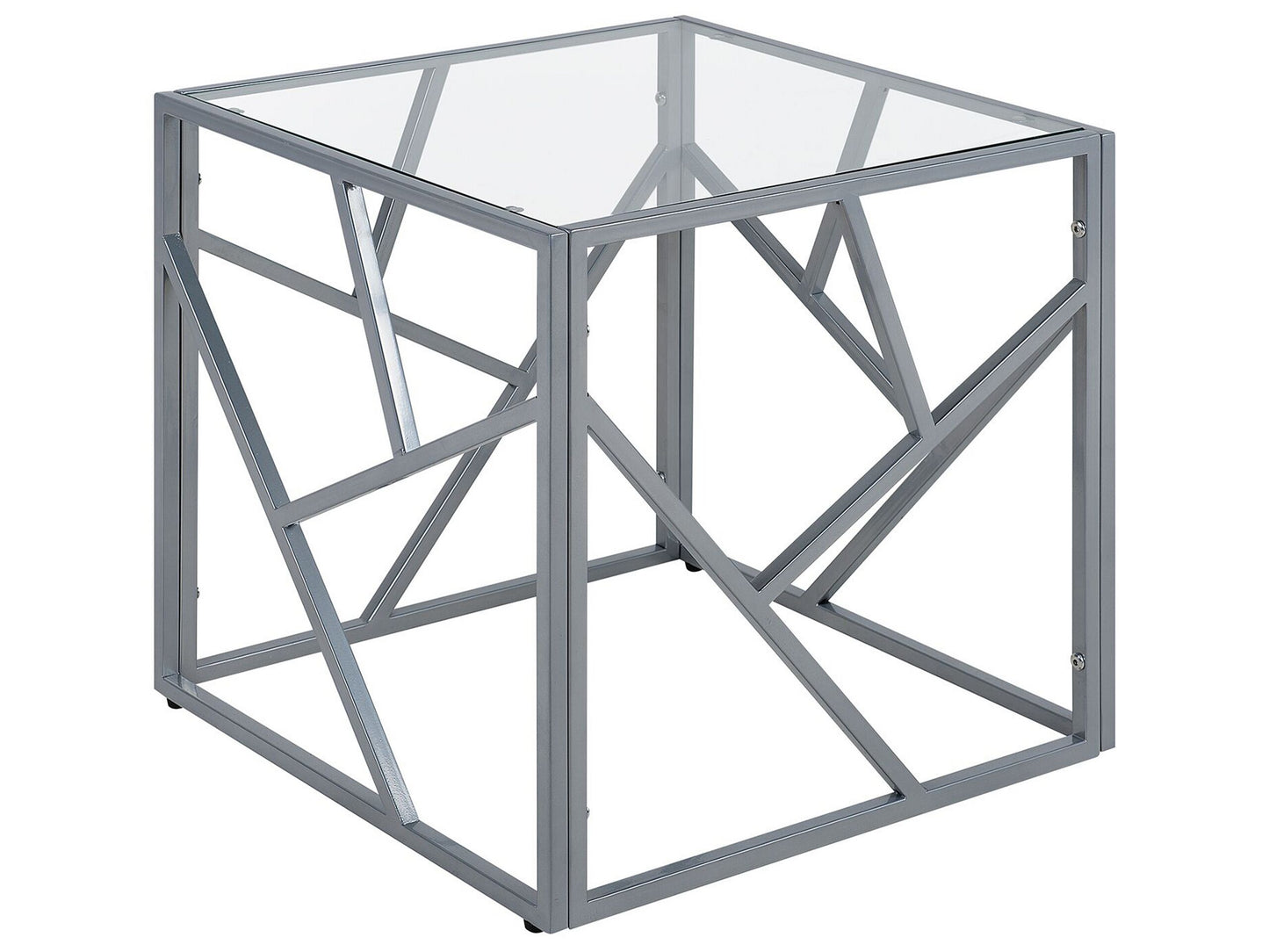 Modern Side Table With Transparent Glass Top And Silver Metal Cube Frame 50 x 50cm