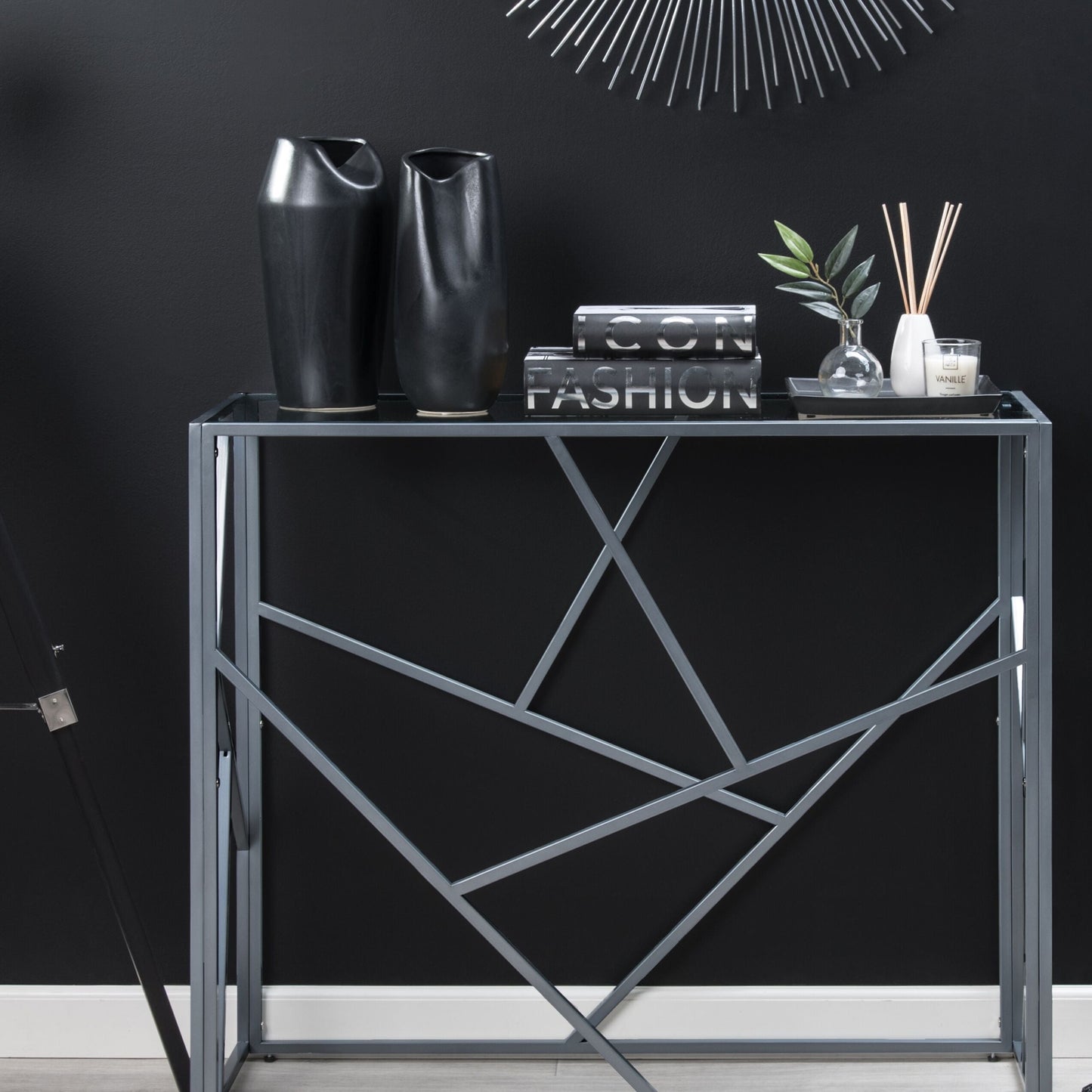 Modern Glass Top Console Table Silver Metal Frame 100 x 40cm