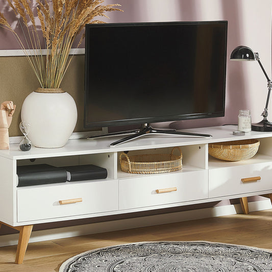 White TV Stand Light Wood 55 x 180 x 40cm With Shelves