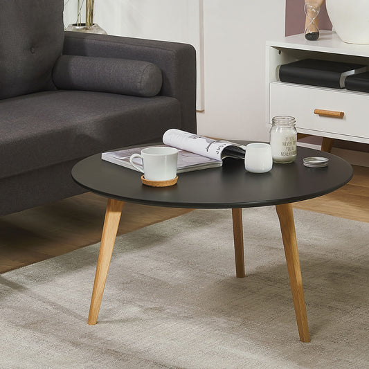 Black Oval Coffee Table With Tripod Solid Wood Base 80cm