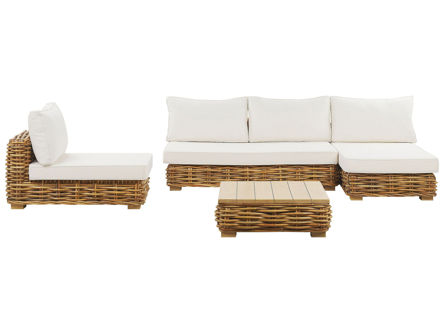Conversation Set Brown Rattan White Cushions Sofa Table