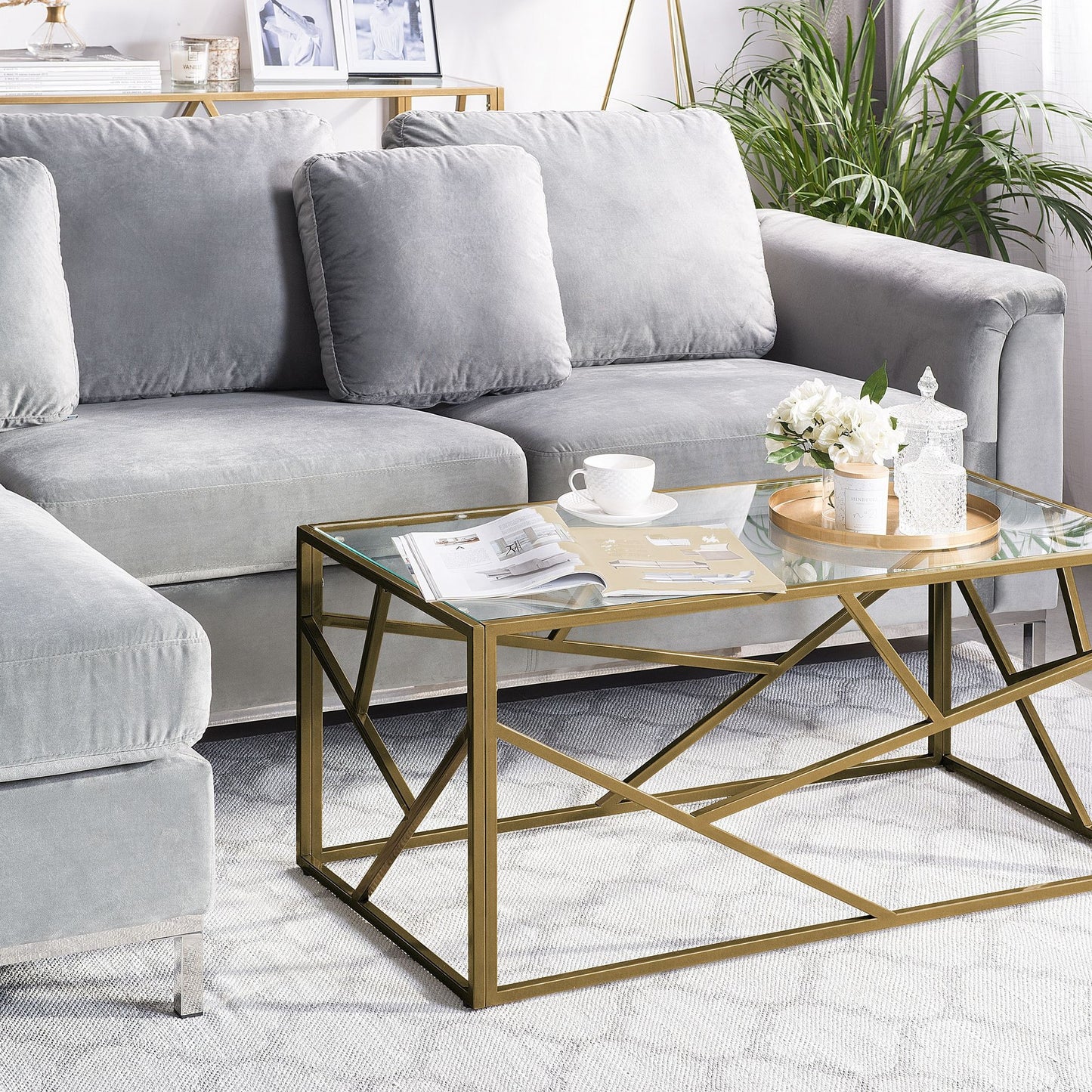 Design Coffee Table Gold Metal Frame Glass Top Geometric 100 x 50cm
