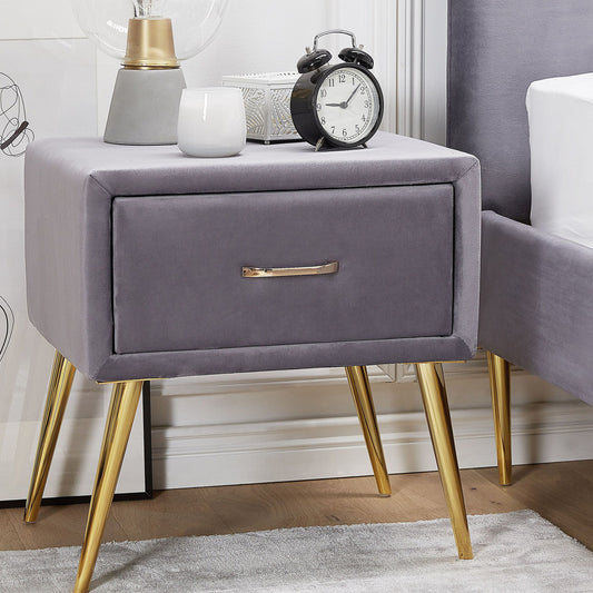 Grey Velvet Upholstery Bedside Table Nightstand With 1 Drawer Minimalist Bedroom Furniture