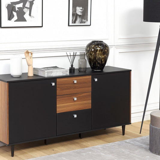 Black Sideboard With Dark Wood Cabinet 3 Drawers And 2 Doors For Living Room Storage