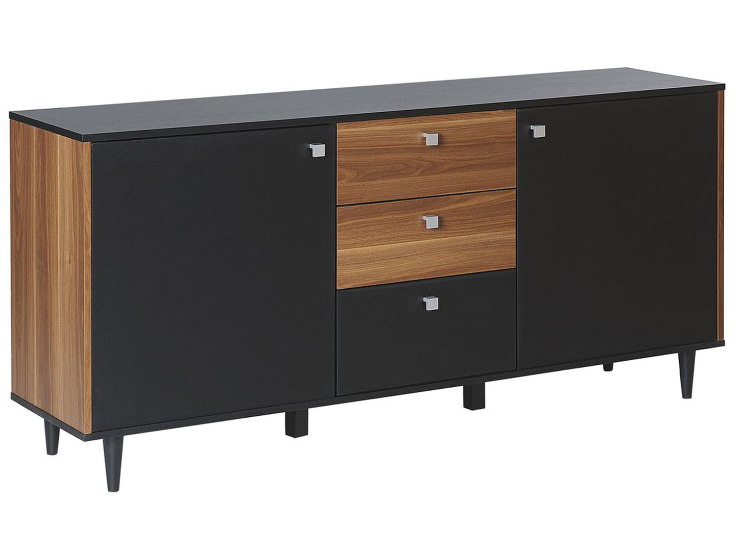 Black Sideboard With Dark Wood Cabinet 3 Drawers And 2 Doors For Living Room Storage