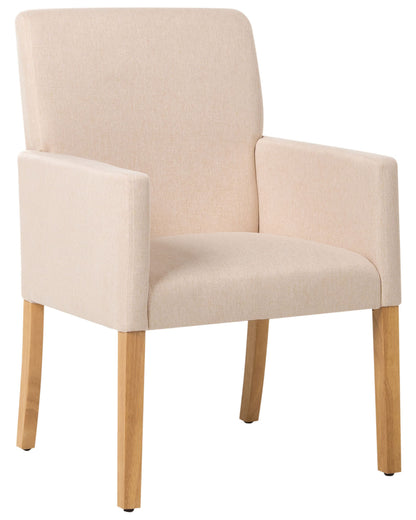 Beige Upholstered Dining Chair With Arms And Wooden Legs