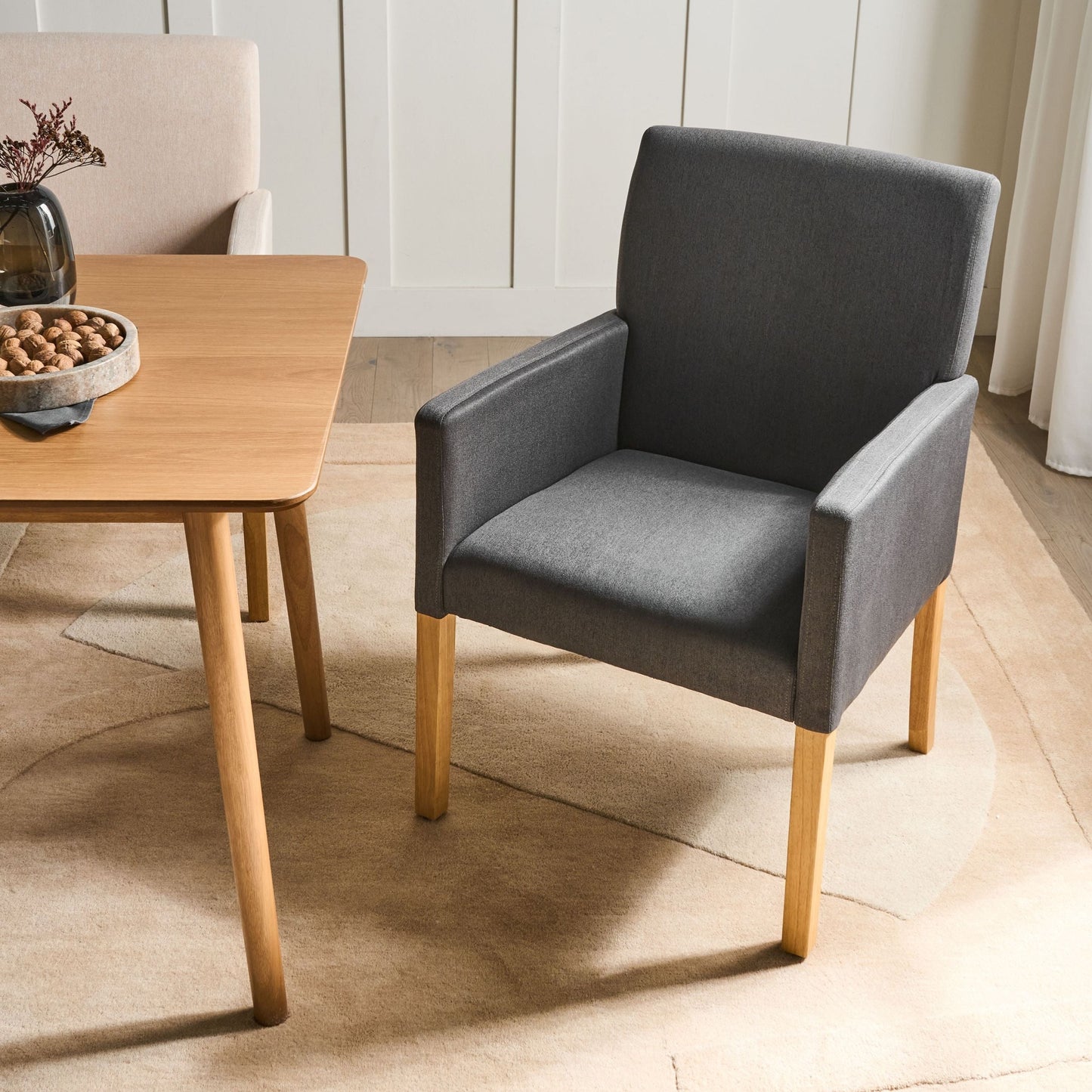 Your Grey Fabric Dining Chair With Arms And Wooden Legs Elegant Upholstered Seat