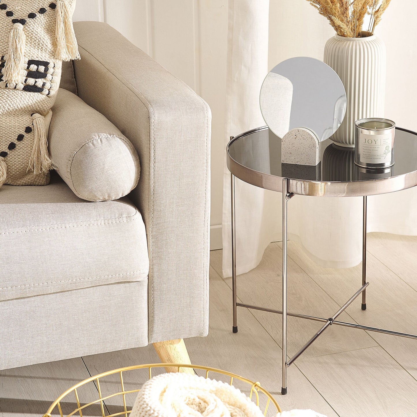 Round Side Table 40cm Black Tempered Glass Silver Legs