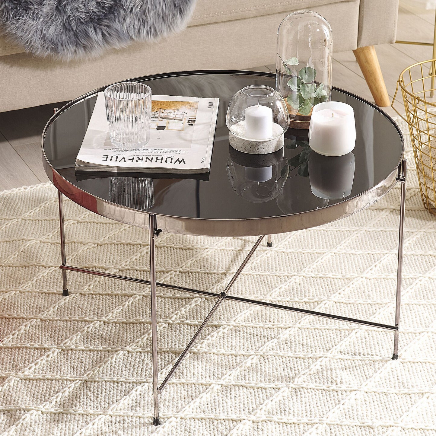 Glamora Round Coffee Table Black Glass Top Silver Metal Legs 63cm