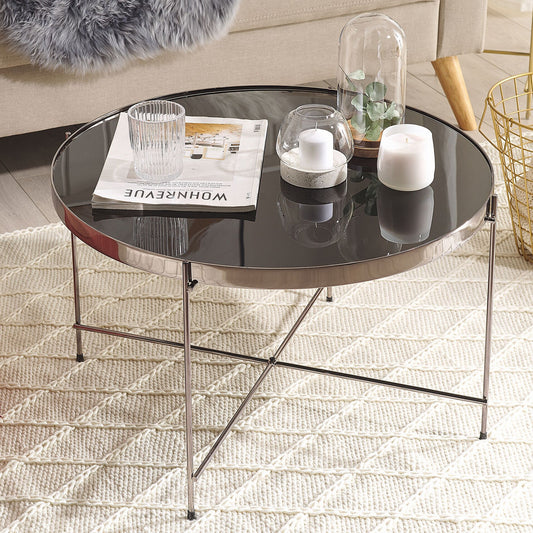 Glamora Round Coffee Table Black Glass Top Silver Metal Legs 63cm