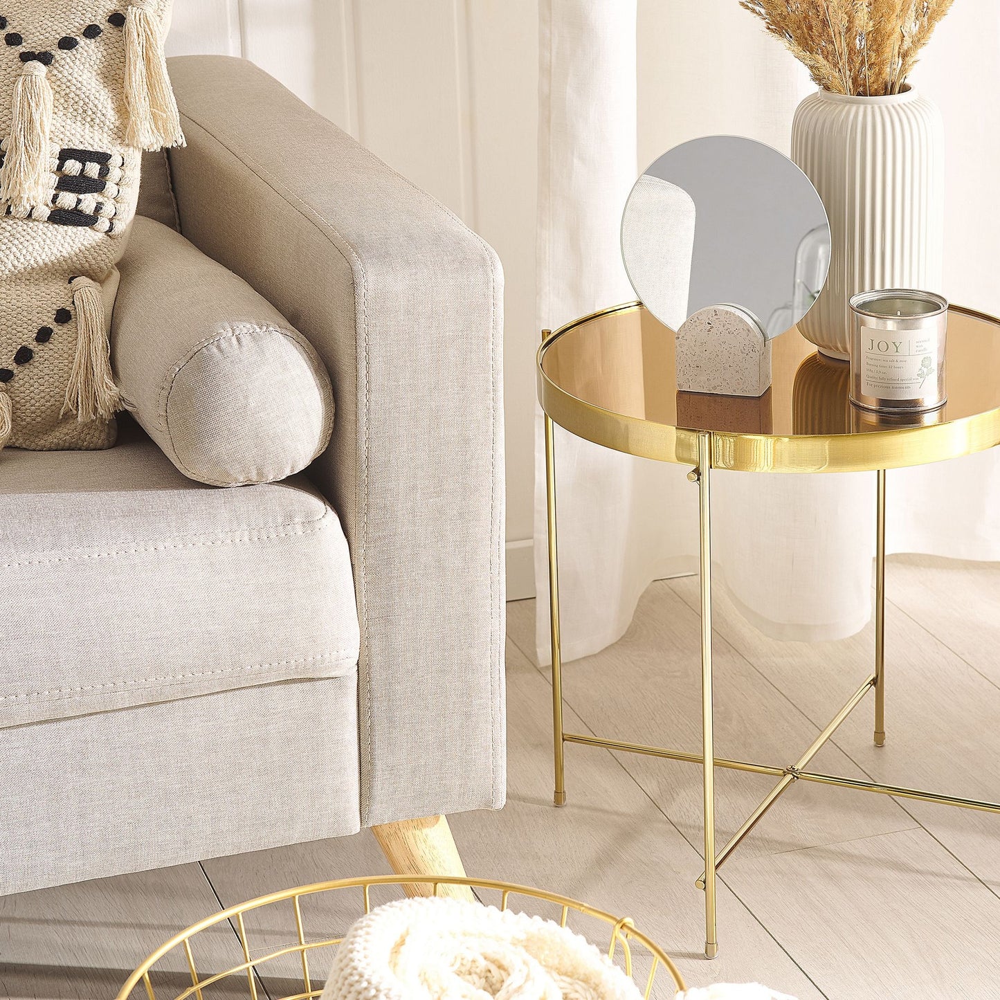 Side Table Golden Brown Tempered Glass Top Gold Legs 40cm