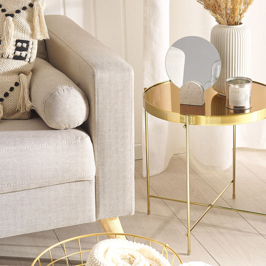 Side Table Golden Brown Tempered Glass Top Gold Legs 40cm