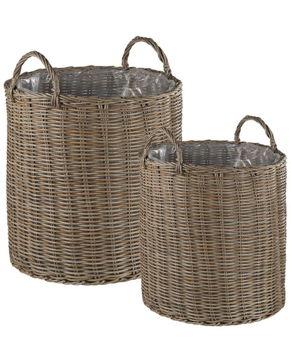 Brown Rattan Plant Baskets Set Of 2 With Handles