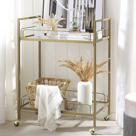 Trolley Gold Metal Legs Tempered Glass Top With Shelf Castors