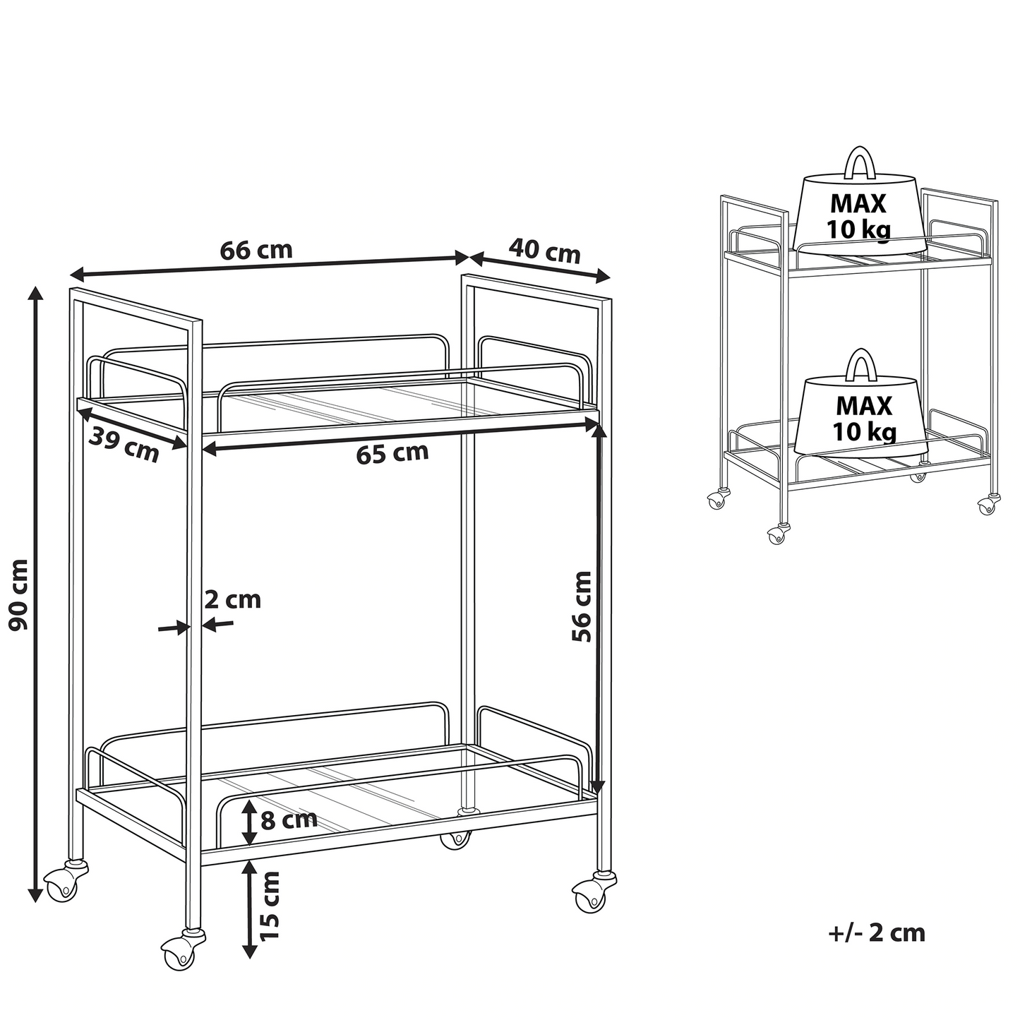 Trolley Gold Metal Legs Tempered Glass Top With Shelf Castors
